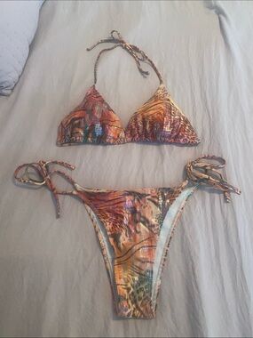 Tropical Iridescent Tie-Side Triangle Bikini - Orange Multi